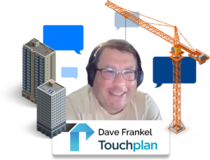 Image of podcast guest surrounded by speech bubbles, buildings on the left and an orange crane on the right