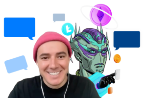 Image of podcast guest, his avatar, floating bitcoin and blue speech bubbles